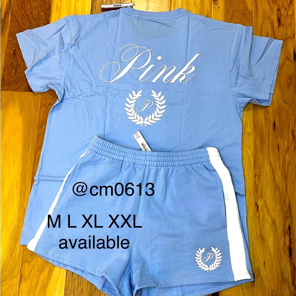 VS PINK HARBOR BLUE OUTFIT SHORT SLEEVE TEE AND MATCHING SHORTS SET